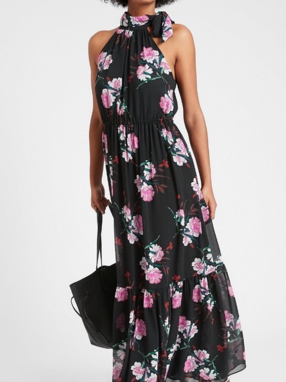 Banana Republic Black Floral Tie-Neck Halter Maxi Dress Size 6